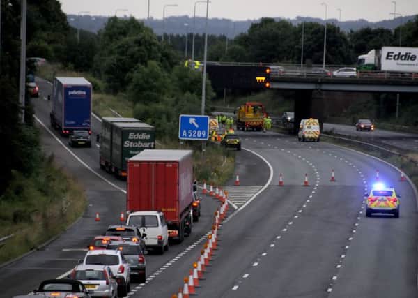 Traffic being diverted off the M6 southbound at junction 27 after a lorry hit a bridge at Standish, near Wigan