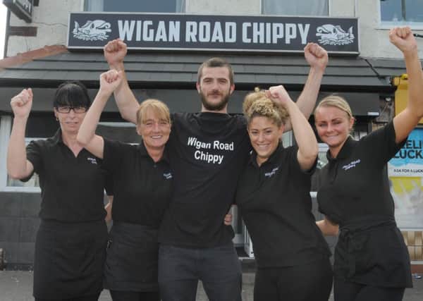Clare Bagley, Bev Cummins, Lee Cummins, owner Lianna Constantinou and Emma Hope from Wigan Road Chippy, Leigh