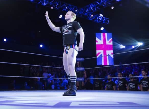 Jack Gallagher being introduced to the crowd at Full Sail University, Orlando, ahead of the WWE Cruiserweight Classic tournament