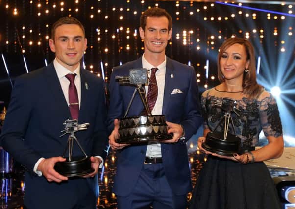 Winner of 2015 Sports Personality of the Year Andy Murray with runner up Kevin Sinfield and 3rd placed winner Jessica Ennis-Hill