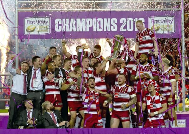 Wigan Warriors are crowned Super League Champions after beating Warrington Wolves in the Grand Final at Old Trafford
Submited Pix. Fee payable on use. Dave Kendall Photography. BAJ member. Tel 0151 426 5127 or 07973 242784.; Email - dkphoto@btinternet.com