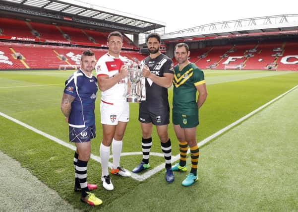 Scotland's Danny Brough, England's Sam Burgess, New Zealand's Jesse Bromwich and Australia's Cameron Smith during the Ladbrokes Four Nations Press Conference at Anfield