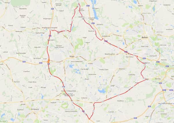 The map of Wigan and the surrounding area with a red line depicting the exclusion zone from which killer Darren Pilkington is banned for at least 10 years