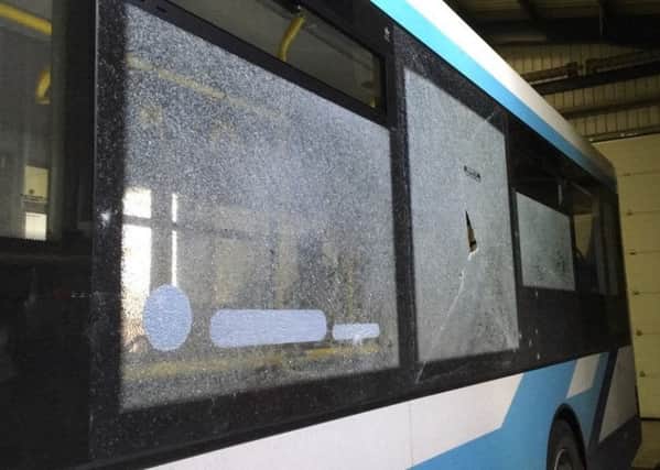 Bus damaged when stones were thrown at it on Nel Pan Lane, Westleigh