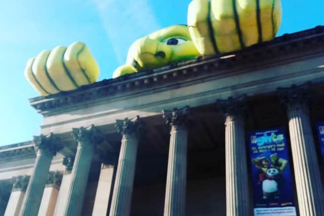 Shrek on top of Liverpool's St George's Hall