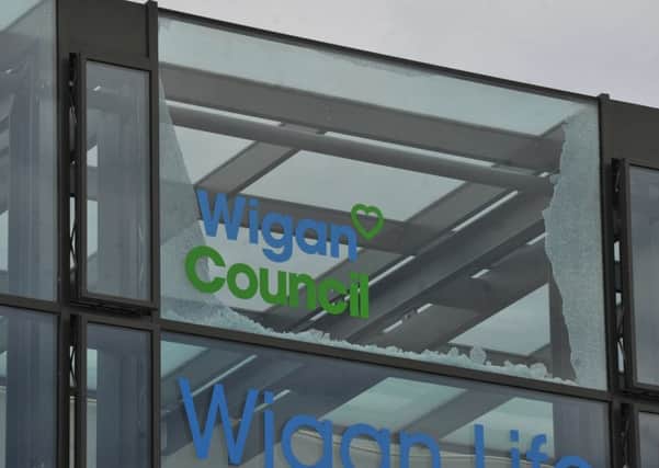 Exterior of Wigan Life Centre, where glass panels have broken and fell from the ceiling