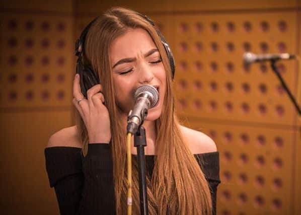 Olivia Garcia recording her song Freedom Hearts for this year's Song for Europe