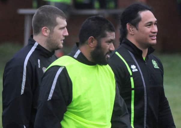 Tony Clubb (left) with Frank Paul Nuuausala and Taulima Tautai in training last week