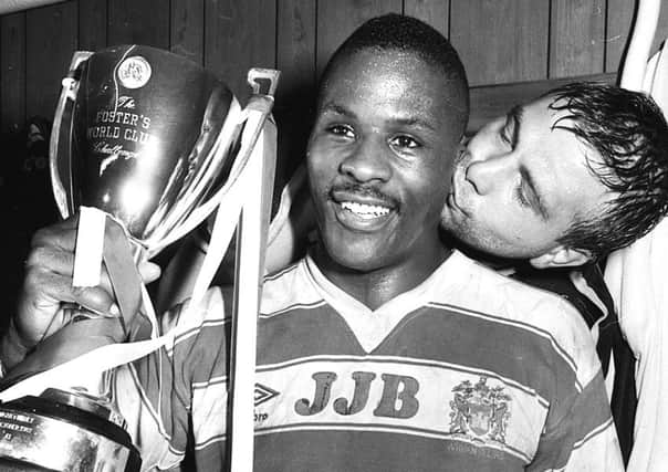Nicky Kiss plants one on captain Ellery Hanley after the 1987 win over Manly