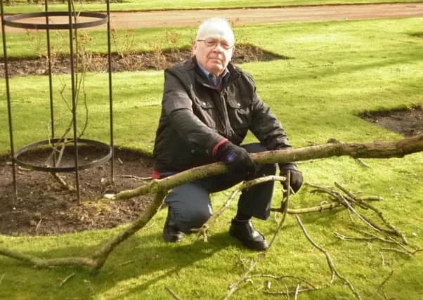 Coun George Davies in a vandalised garden at Mesnes Park