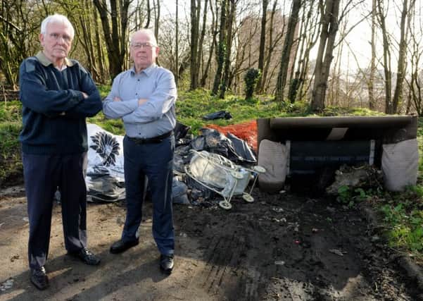Couns John Hilton and George Davies highlighting a particularly bad fly-tipping site in Whelley