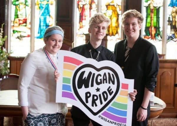 Jess Eastoe with Daniel Bonney and Zak Bretherton at the 2016 Pride launch