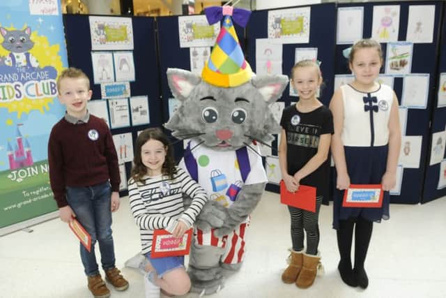 The Grand Arcade celebrates it's 10th birthday with various activities including the launch of their new mascot Freddy the Cat.  Pictured is Freddy with Michael Wadeson, Gracie Davies, Abigail Bingham and Ruby Bennett