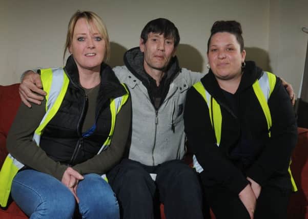 Chris Smalley was homeless and is happy to be off the streets, living in shared tenancy in Platt Bridge, Wigan, thanks Lara Nocker, left, and Dawn French, right, founders of the newly registered charity Helping the Homeless
