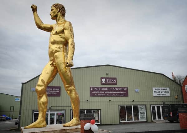 A dazzling gold statue used to promote the film Gladiator is currently brightening the car park of Titan Flooring on Wigan Road