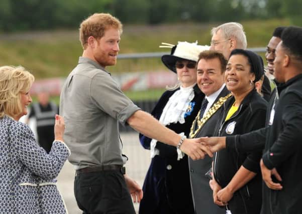 Prince Harry at Three Sisters Race Track, Ashton-in-Makerfield, part of his tour of community sports projects in Wigan