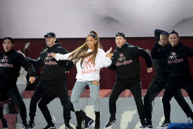 Ariana Grande performing during the One Love Manchester benefit concert