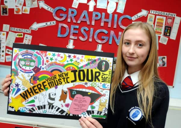 Scarlett Lowe at Standish Community High School, with her design which was chosen by BBC Radio One as the cover for an online playlist
