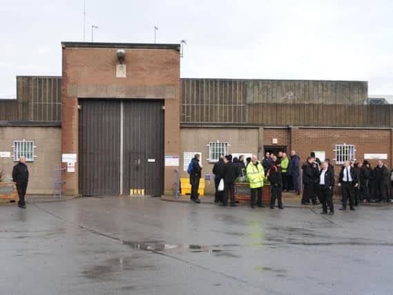 Prison officers at HMP Hindley YOI - Hindley Prison, stage a protest over working conditions and health and safety fears, as the members of the union are not allowed to strike, they arrived for work and stayed in a place of safety, the outside of the prison