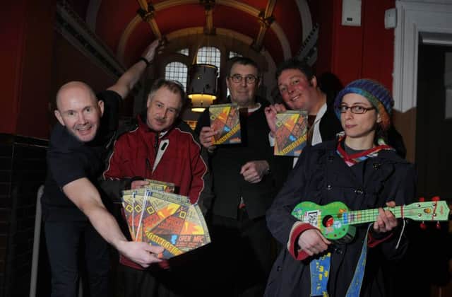 Members of Autistic Wigan, from left, Darren Duddle, Daz Castrick, Phil Topping, Adrian Shone and performer Mercy Carpenter, at the Old Courts, Wigan