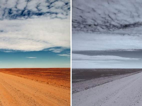 two versions of the same image, as a new study suggests that bluer, darker and greyer Instagram photos tend to be posted by people with depression