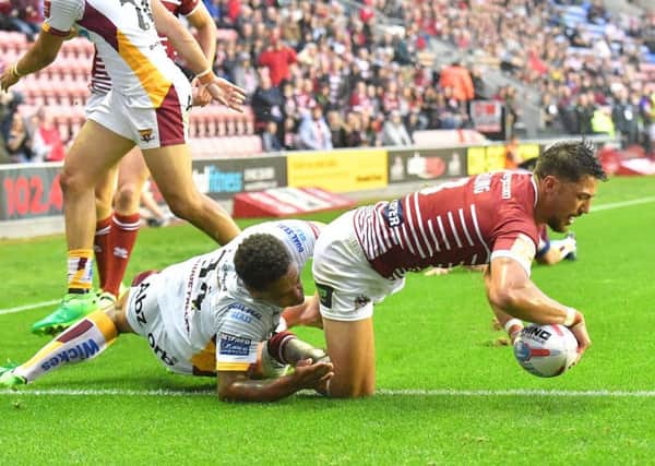 Wigan Warriors' Anthony Gelling  scores his team's first try
