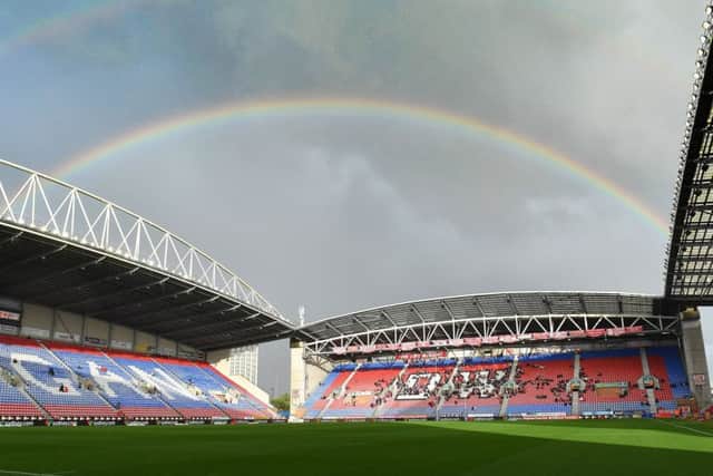 A rainbow over the DW Stadium before kick-off