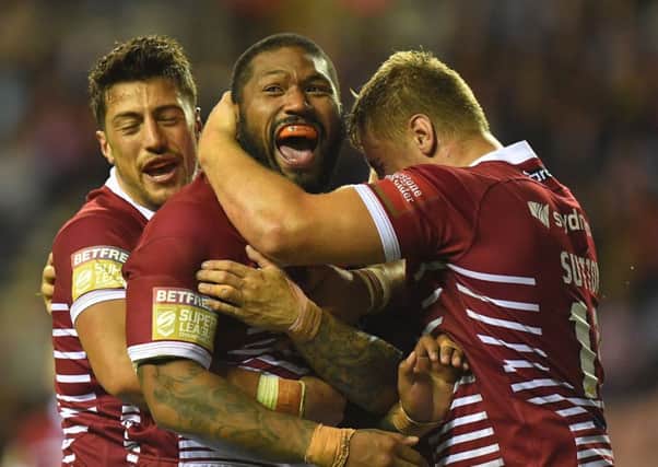 Frank-Paul Nuuausala celebrates his try against Salford last Friday