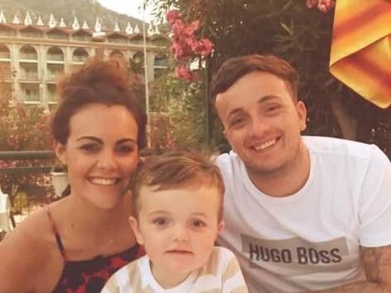 Alex Green, 26, with his bride-to-be Becky Thorpe and two-year-old son Zach