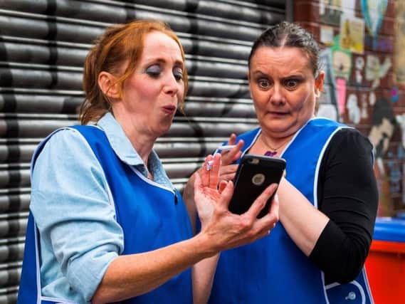 From left to right  Actors Tracy Gabbitas and Jennifer Banks as supermarket shelf stackers Tracey and Donna in Strife In A Northern Town