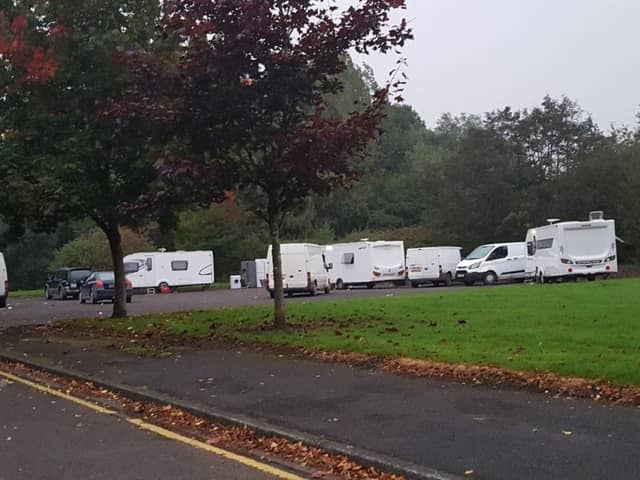 Travellers on the car park at Howe Bridge Crematorium