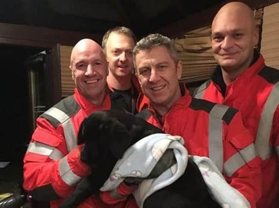 Firefighters with the rescued pooch