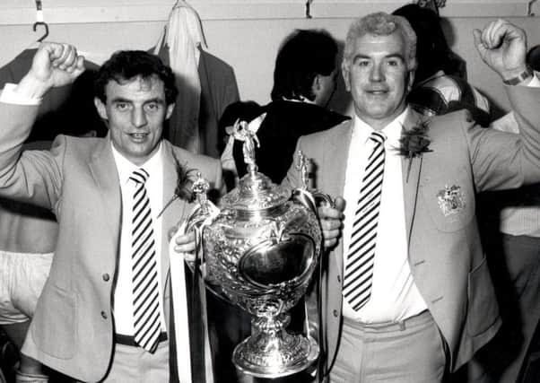 Alan McInnes and Colin Clarke with the Challenge Cup at Wembley in 1985