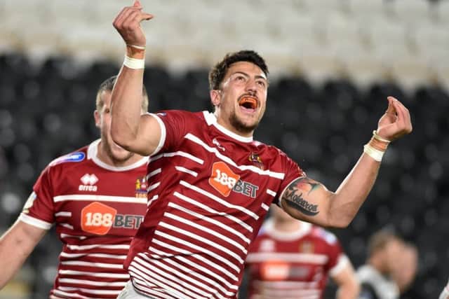 Anthony Gelling celebrates a try at Hull FC