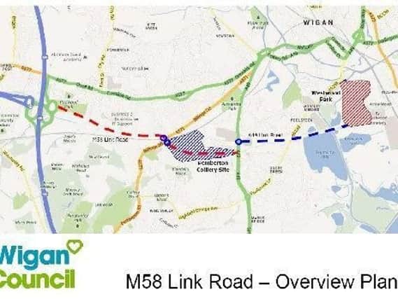 The planned route for the three stages of the M58 link road