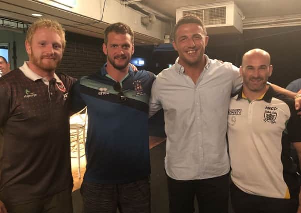 Sam Burgess with Sean O'Loughlin, James Graham and Danny Houghton at a Q&A event in Coogee. Picture: Wigan Warriors
