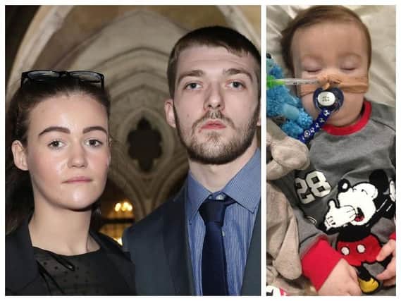 Left, Tom Evans and Kate James, the parents of 21-month-old Alfie pictured right.