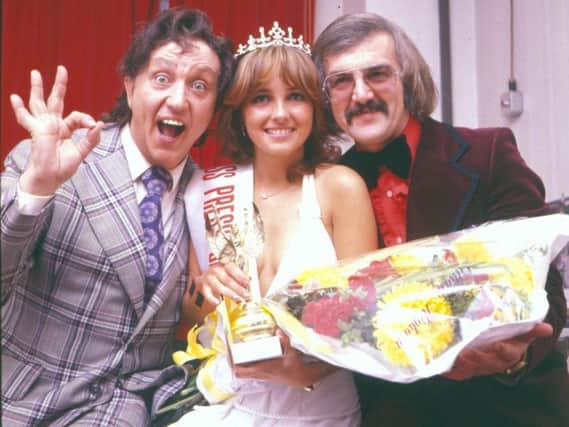 Press ball beauty queen winner Karen Beritta with Ken Dodd  and compere Malc Mc Guire at the Wigan Press Ball in 1977