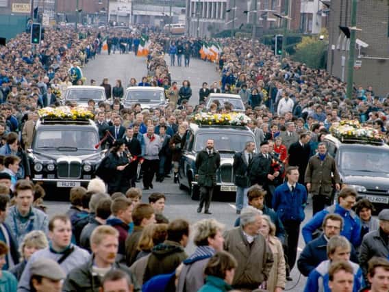 The triple funeral for the Gibraltar Three (Sean Savage, Dan McCann and Mairead Farrell) in Belfast, in March 1988