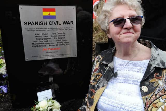Unveiling of the memorial to the 12 Wigan freedom fighters who took part in the Spanish Civil War at Southside Gardens, Ince. Irene Thompson, pictured, unveiled the memorial