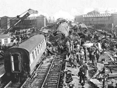 At the scene of the Harrow and Wealdstone rail crash in 1952
