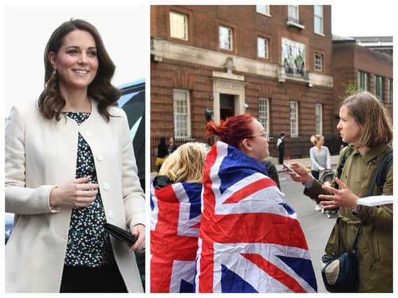 Left, The Duchess of Cambridge, right, royal fans are interviewed by journalists outside the Lindo Wing at St Mary's Hospital in Paddington, London