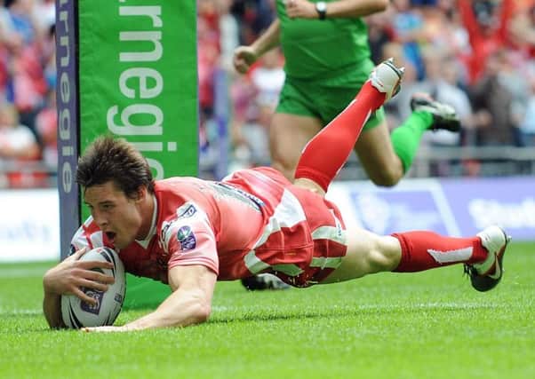 Joel Tomkins goes over for a memorable try in the 2011 Challenge Cup final