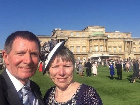 Marian Brown and husband Philip at the garden party at Buckingham Palace