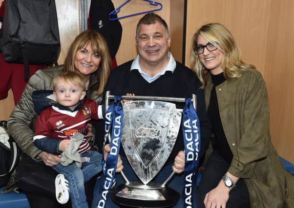 Shaun Wane after the WCC triumph with his wife Lorraine and daughter Bethan, and his grandson Teddy