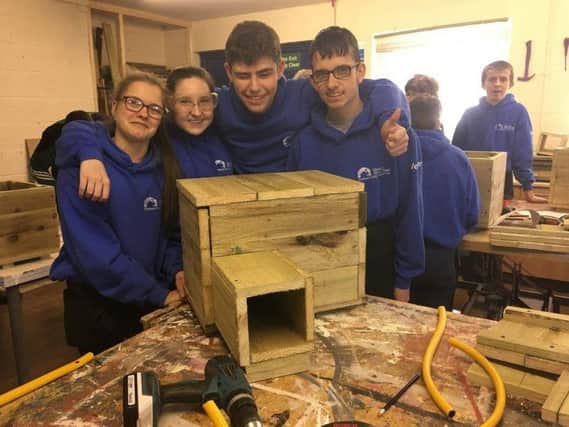 Hope College students with one of their hedgehog homes